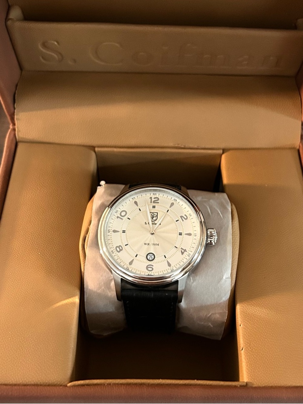 Unisex Silver Dial Watch with Black Leather Strap